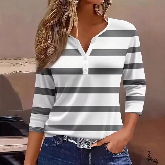 Stripe V Neck Buttoned Casual Shirt  Style Ratio