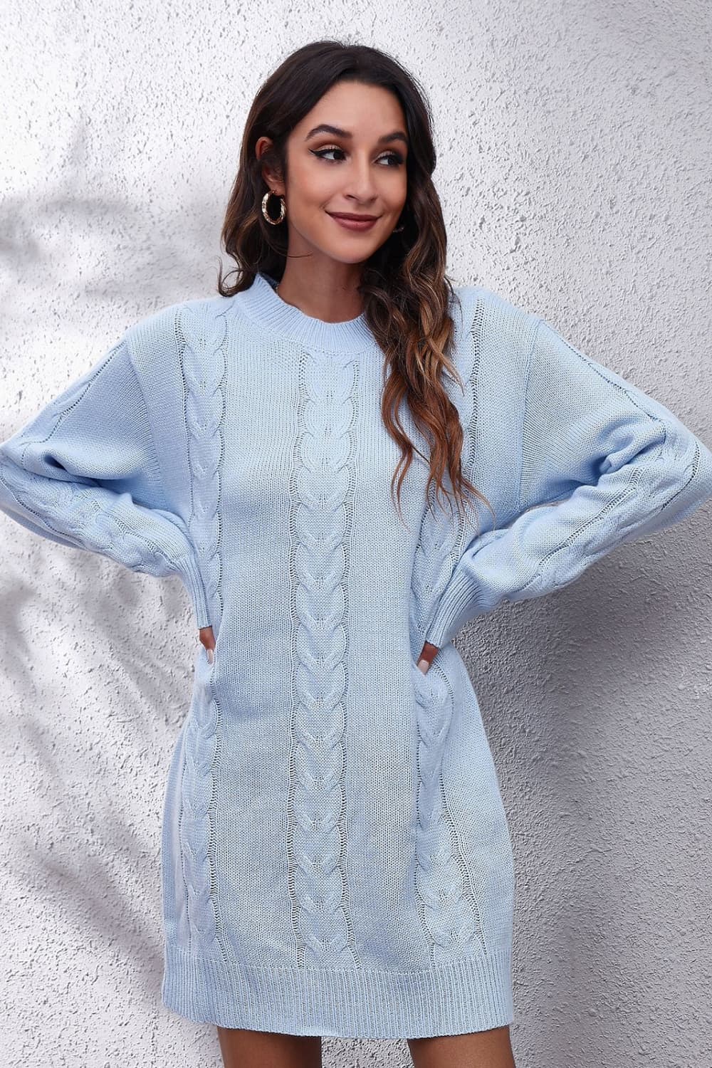 Cable-Knit Round Neck Sweater Dress  Style Ratio
