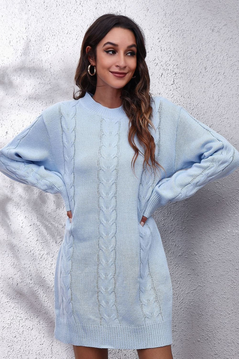 Cable-Knit Round Neck Sweater Dress  Style Ratio