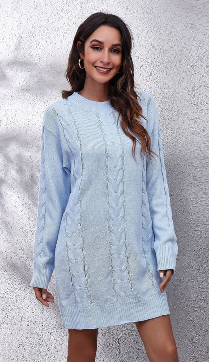 Cable-Knit Round Neck Sweater Dress  Style Ratio