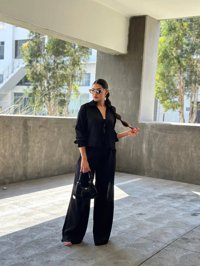 Casual Wide Leg Pants & Long Sleeve Front Tie Set  Style Ratio
