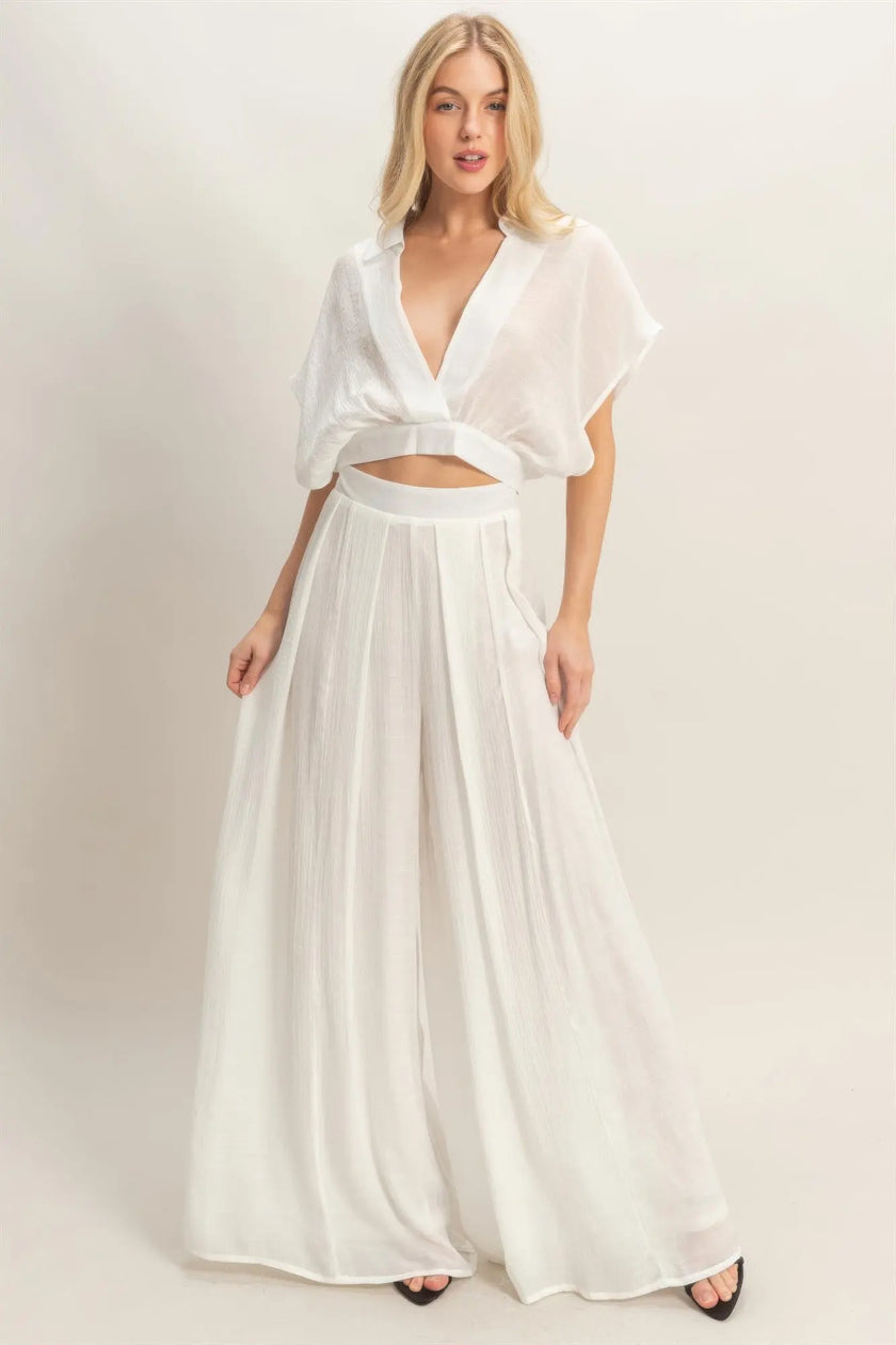 Collared Wrap Top & Wide-leg Pants Set  Style Ratio