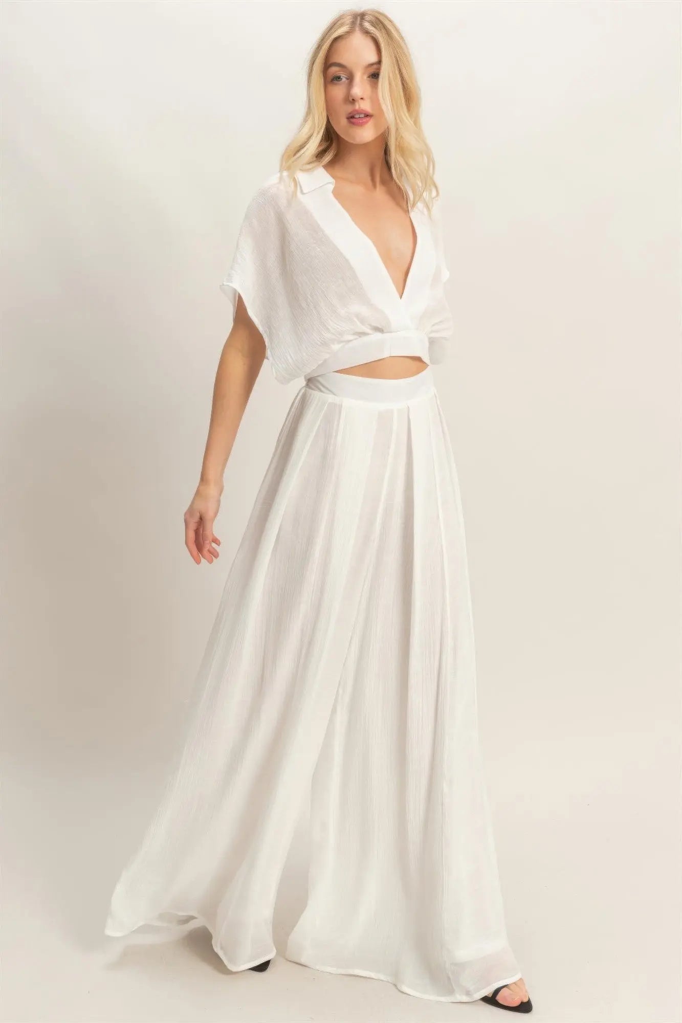 Collared Wrap Top & Wide-leg Pants Set  Style Ratio