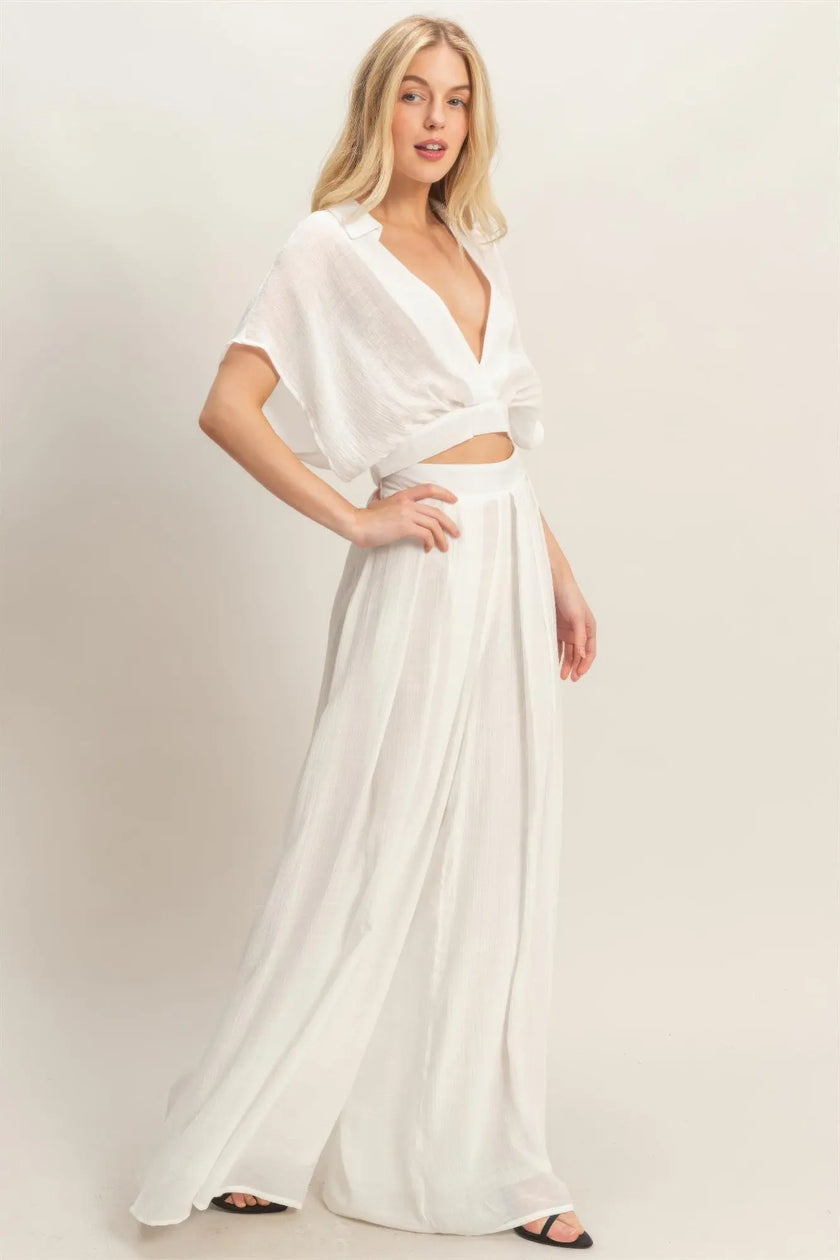 Collared Wrap Top & Wide-leg Pants Set  Style Ratio