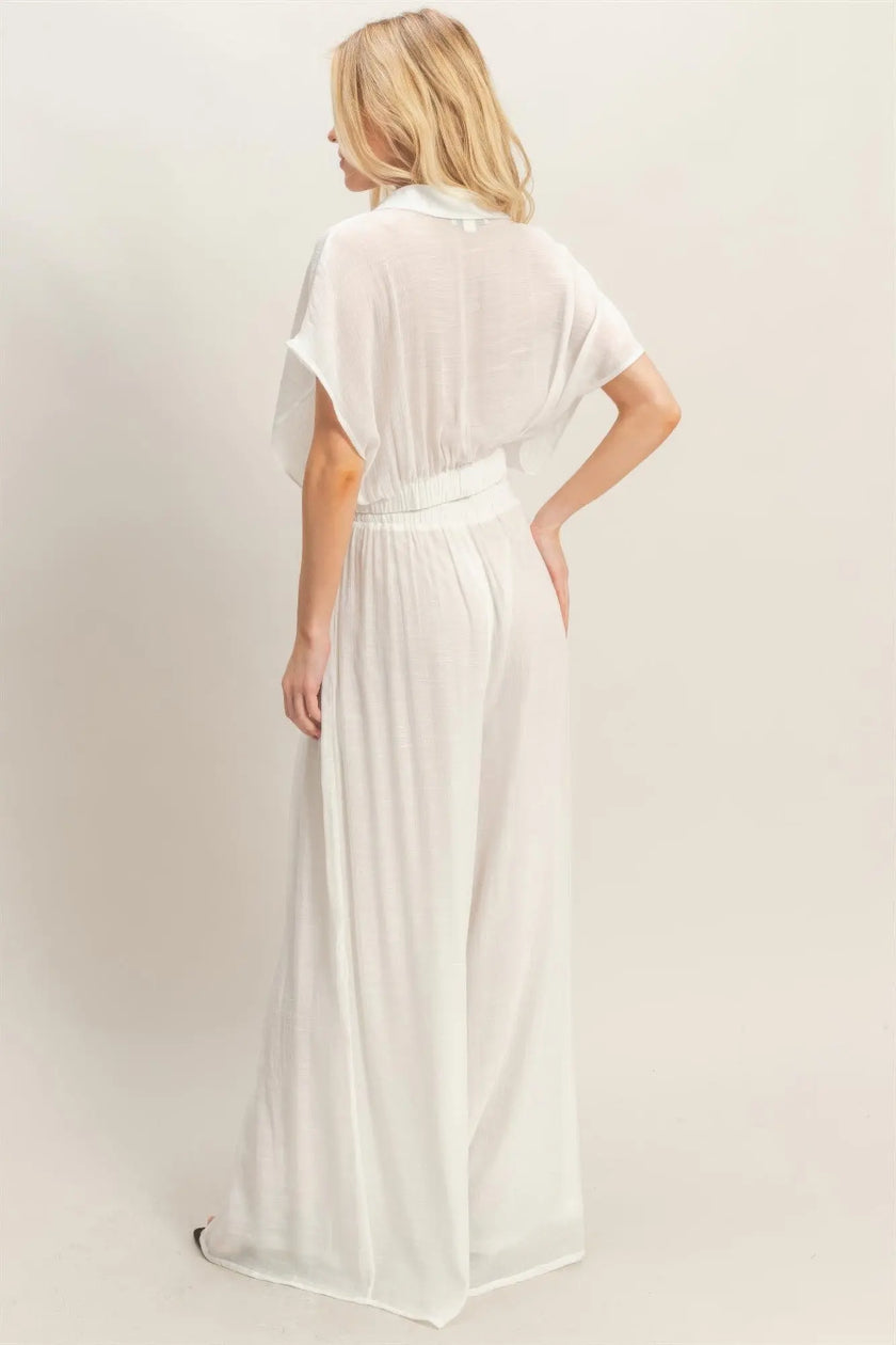 Collared Wrap Top & Wide-leg Pants Set  Style Ratio