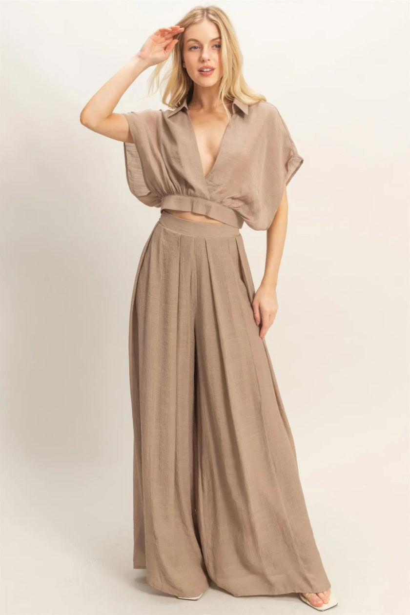Collared Wrap Top & Wide-leg Pants Set  Style Ratio