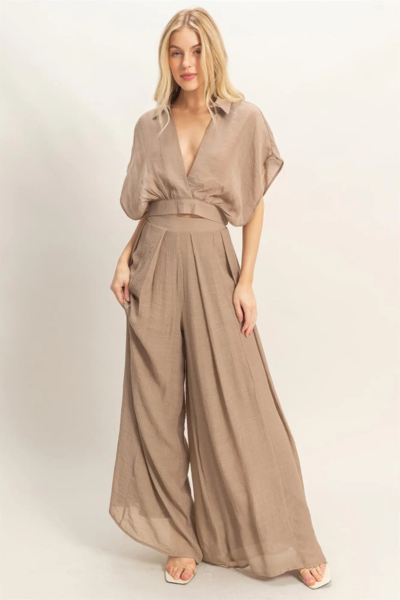 Collared Wrap Top & Wide-leg Pants Set  Style Ratio