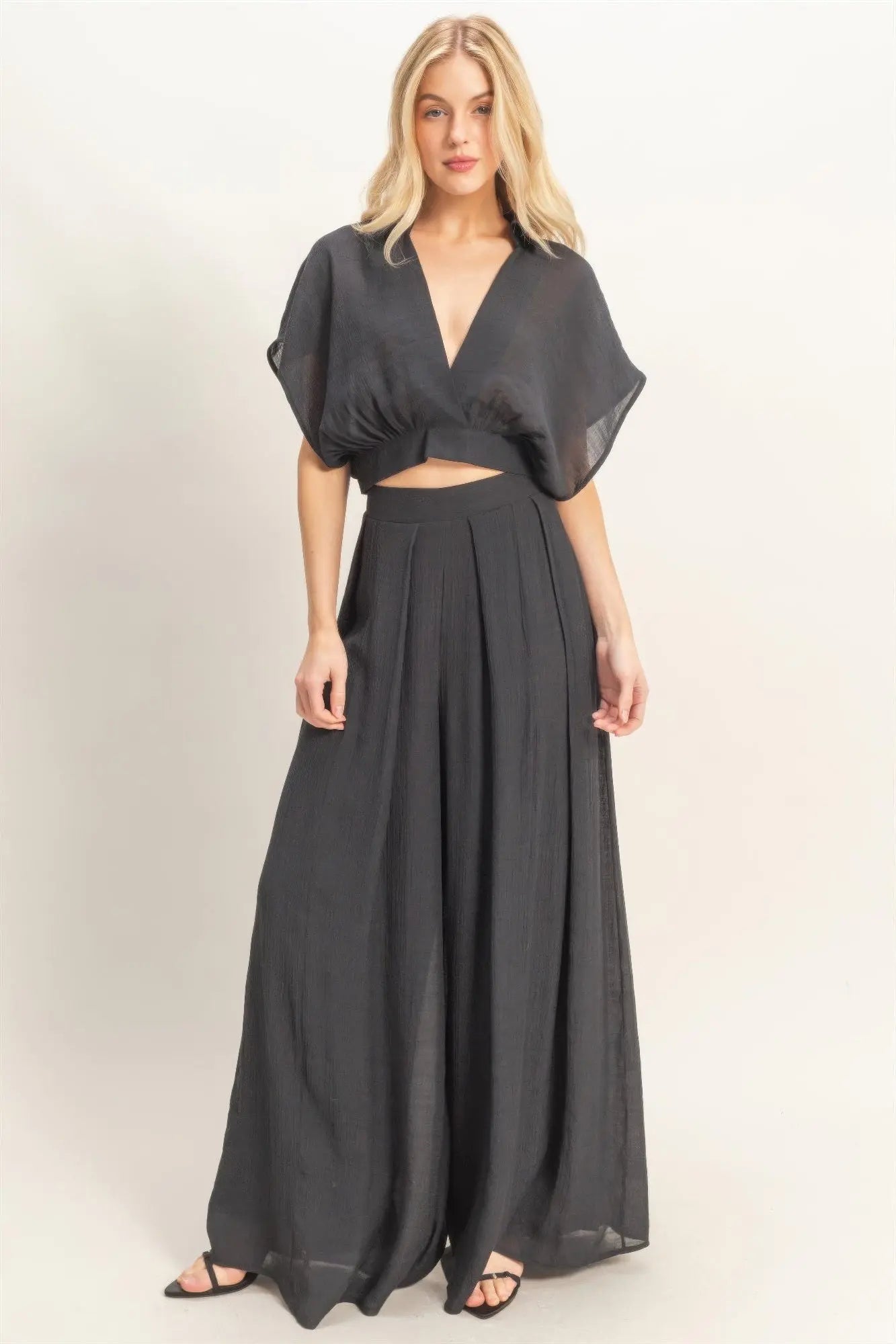 Collared Wrap Top & Wide-leg Pants Set  Style Ratio