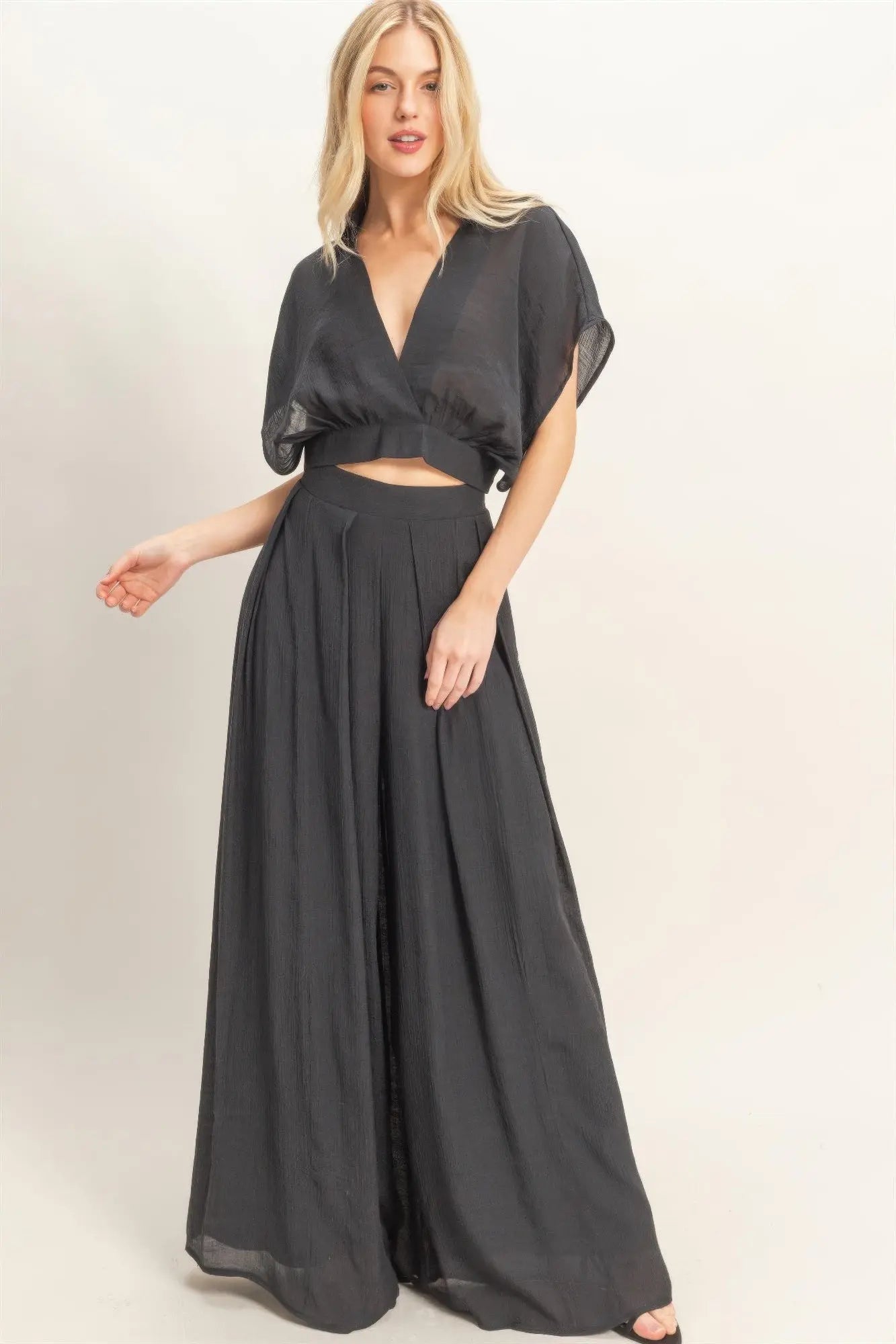 Collared Wrap Top & Wide-leg Pants Set  Style Ratio