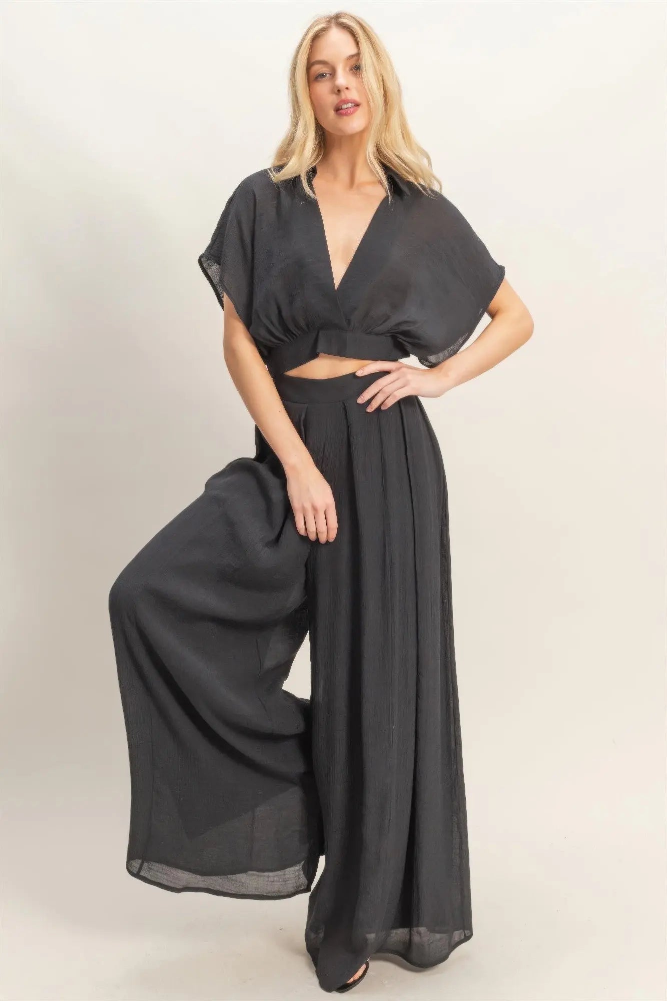 Collared Wrap Top & Wide-leg Pants Set  Style Ratio
