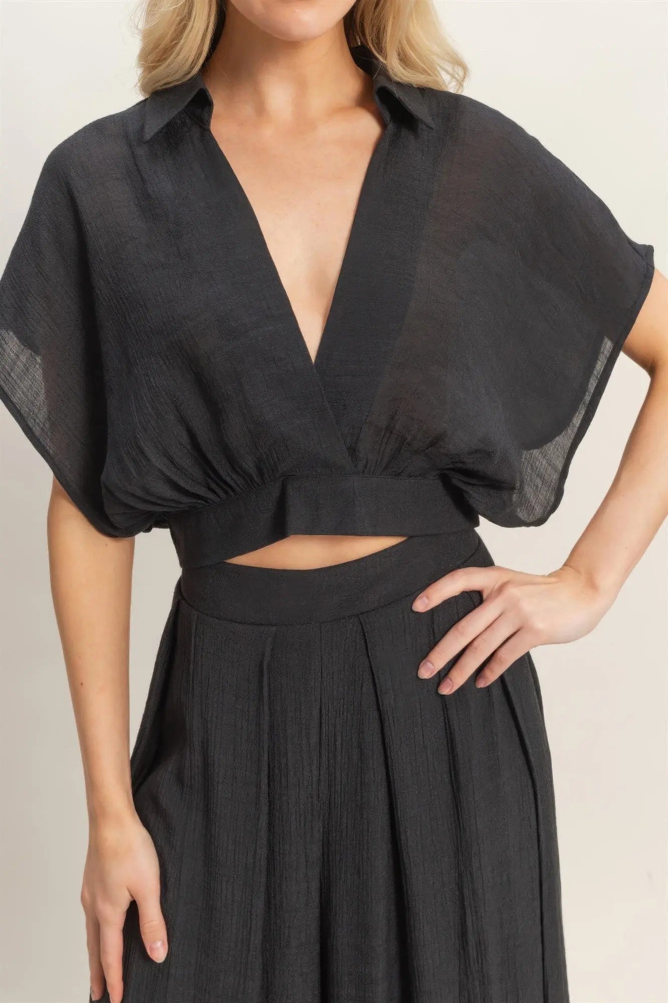 Collared Wrap Top & Wide-leg Pants Set  Style Ratio
