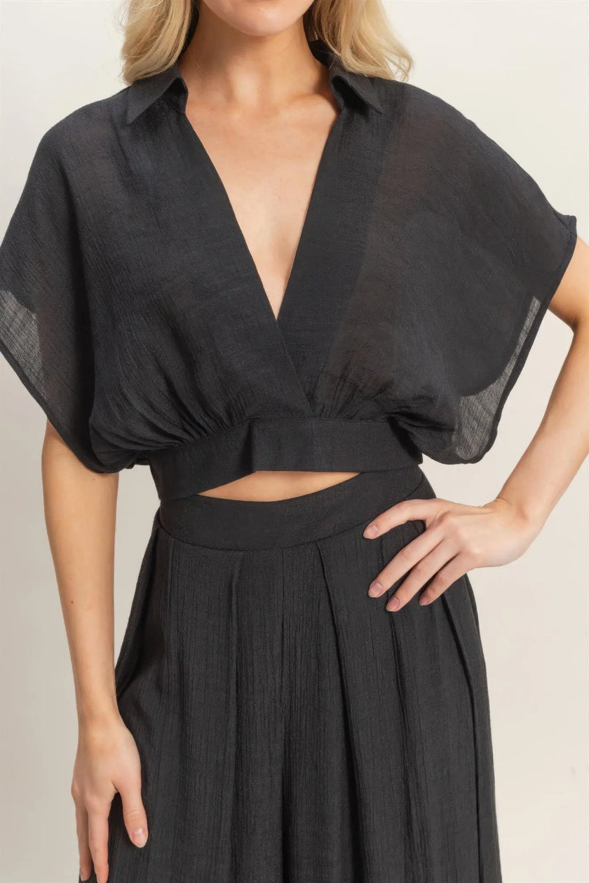 Collared Wrap Top & Wide-leg Pants Set  Style Ratio