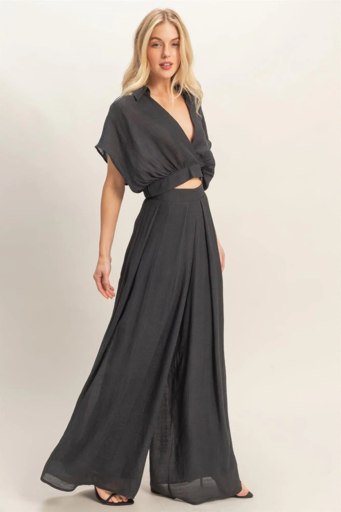Collared Wrap Top & Wide-leg Pants Set  Style Ratio