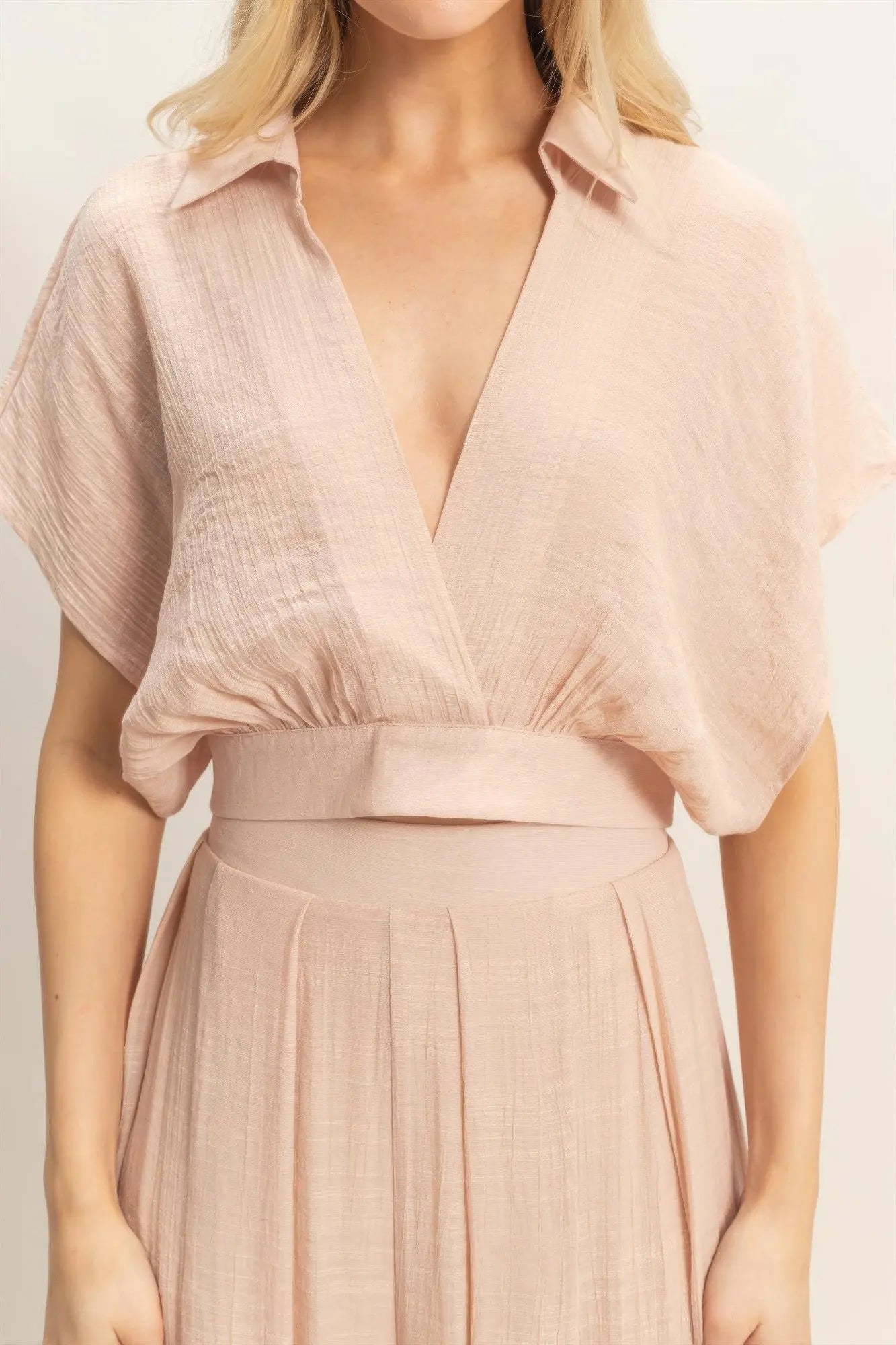 Collared Wrap Top & Wide-leg Pants Set  Style Ratio
