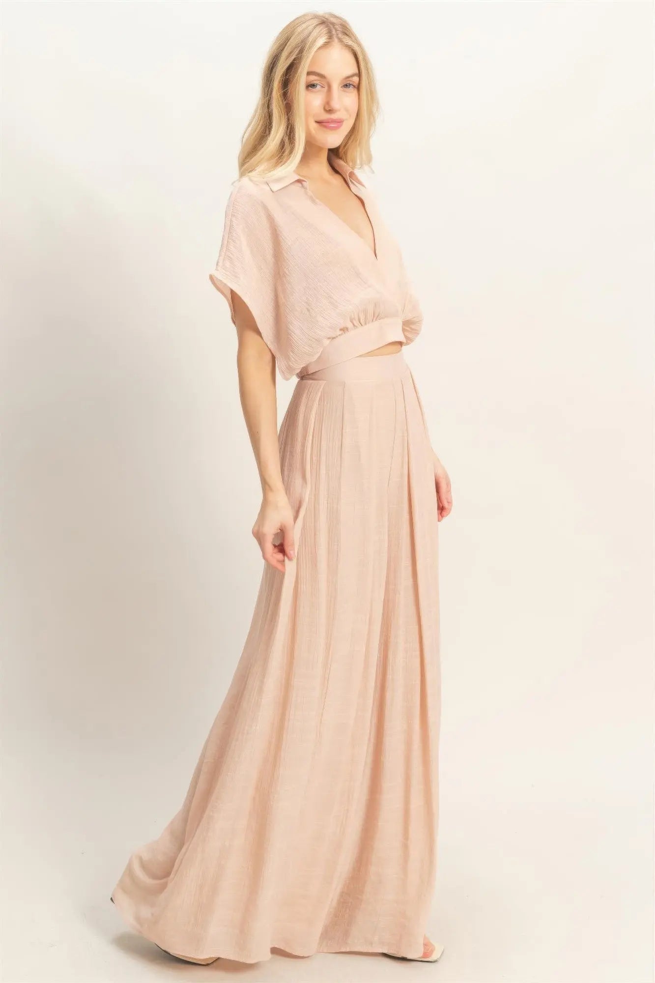 Collared Wrap Top & Wide-leg Pants Set  Style Ratio