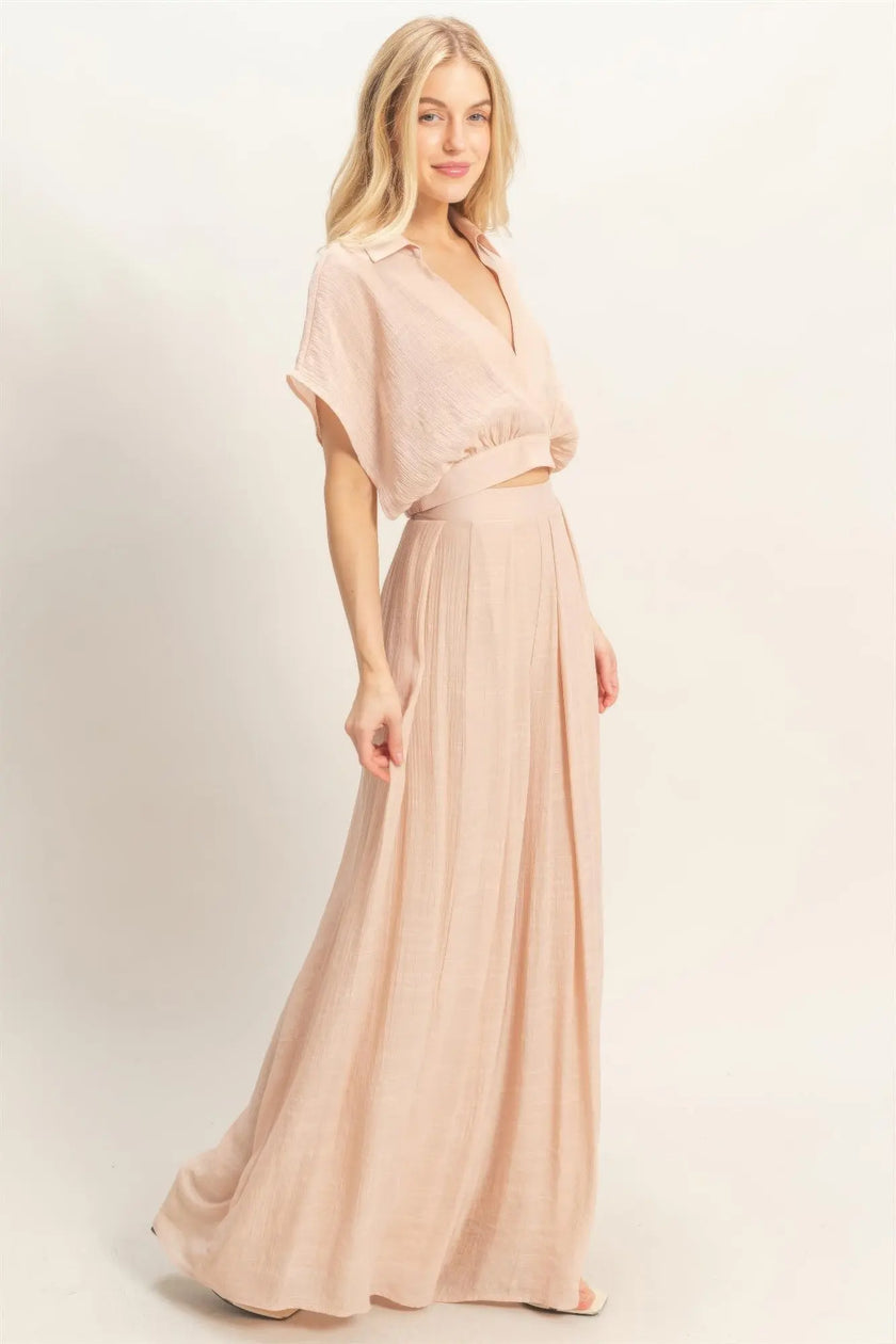 Collared Wrap Top & Wide-leg Pants Set  Style Ratio