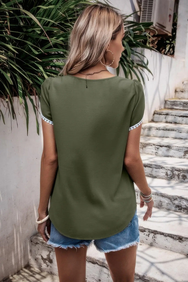 Color Block Trim Flutter Sleeve Round Neck Top  Style Ratio