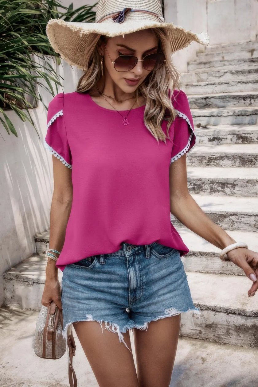 Color Block Trim Flutter Sleeve Round Neck Top  Style Ratio