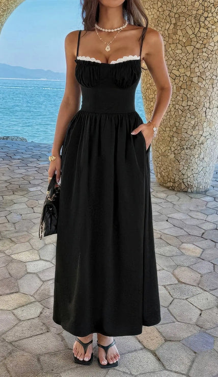 Contrast Color Lace Spaghetti Strap Long Dress  Style Ratio
