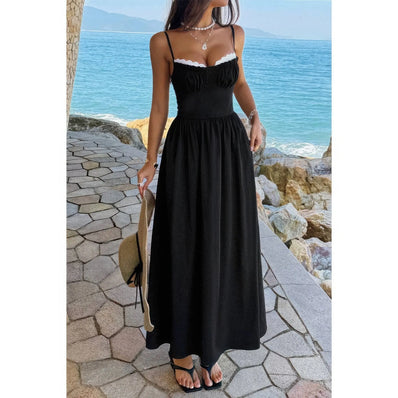 Contrast Color Lace Spaghetti Strap Long Dress  Style Ratio