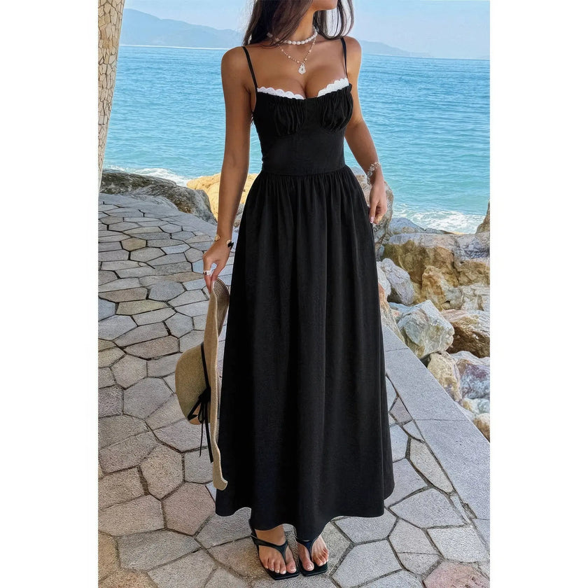 Contrast Color Lace Spaghetti Strap Long Dress  Style Ratio
