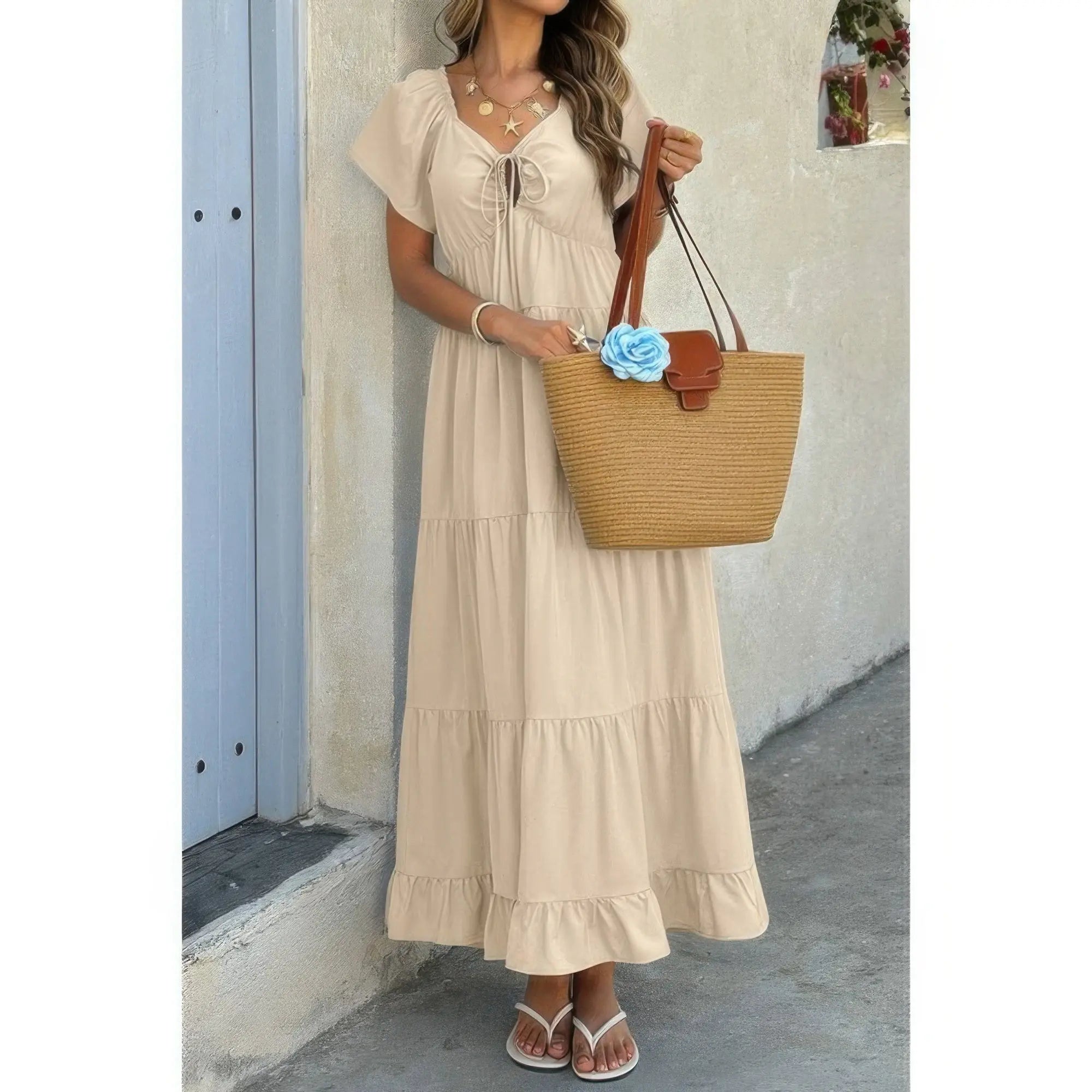 Cross Knot Color Block Pockets A Line Dress  Style Ratio