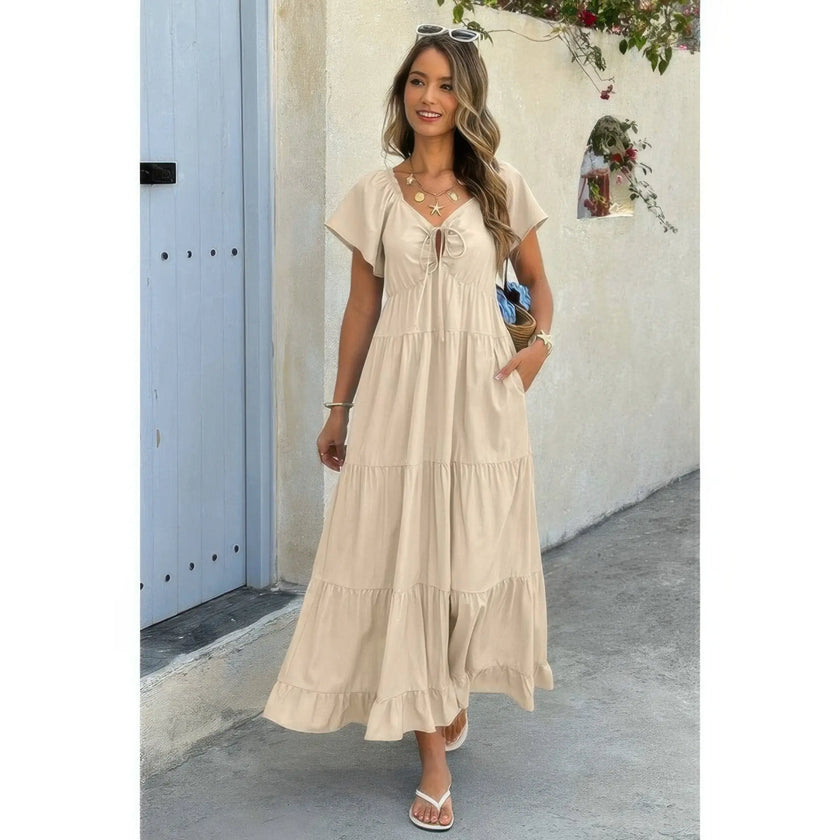 Cross Knot Color Block Pockets A Line Dress  Style Ratio