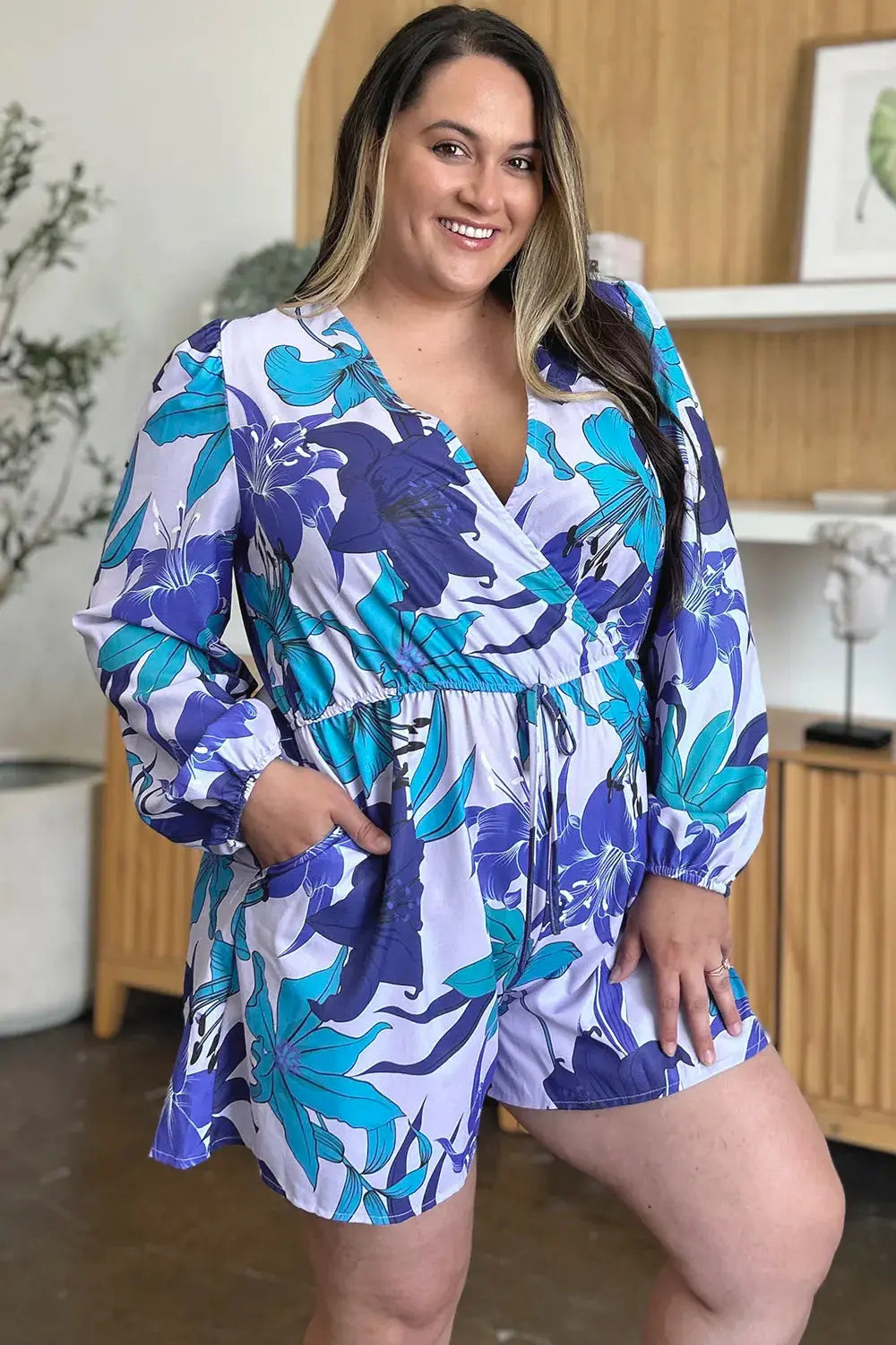 Double Take Full Size Floral Long Sleeve Romper with Pockets  Style Ratio