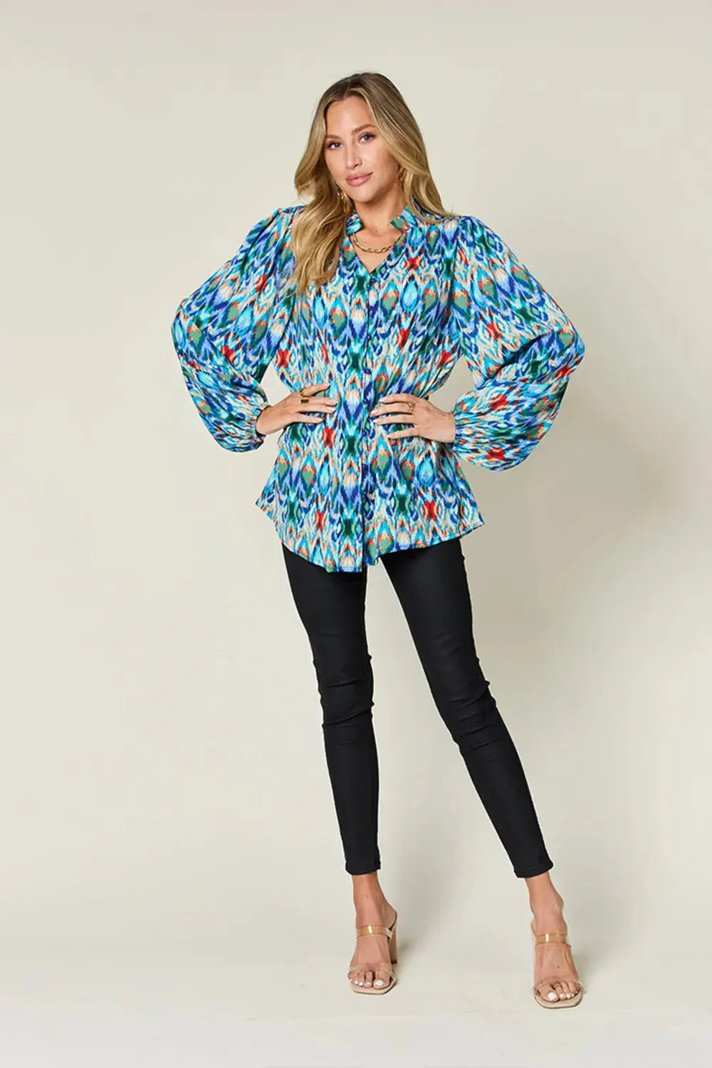 Double Take Full Size Printed Balloon Sleeve Blouse  Style Ratio