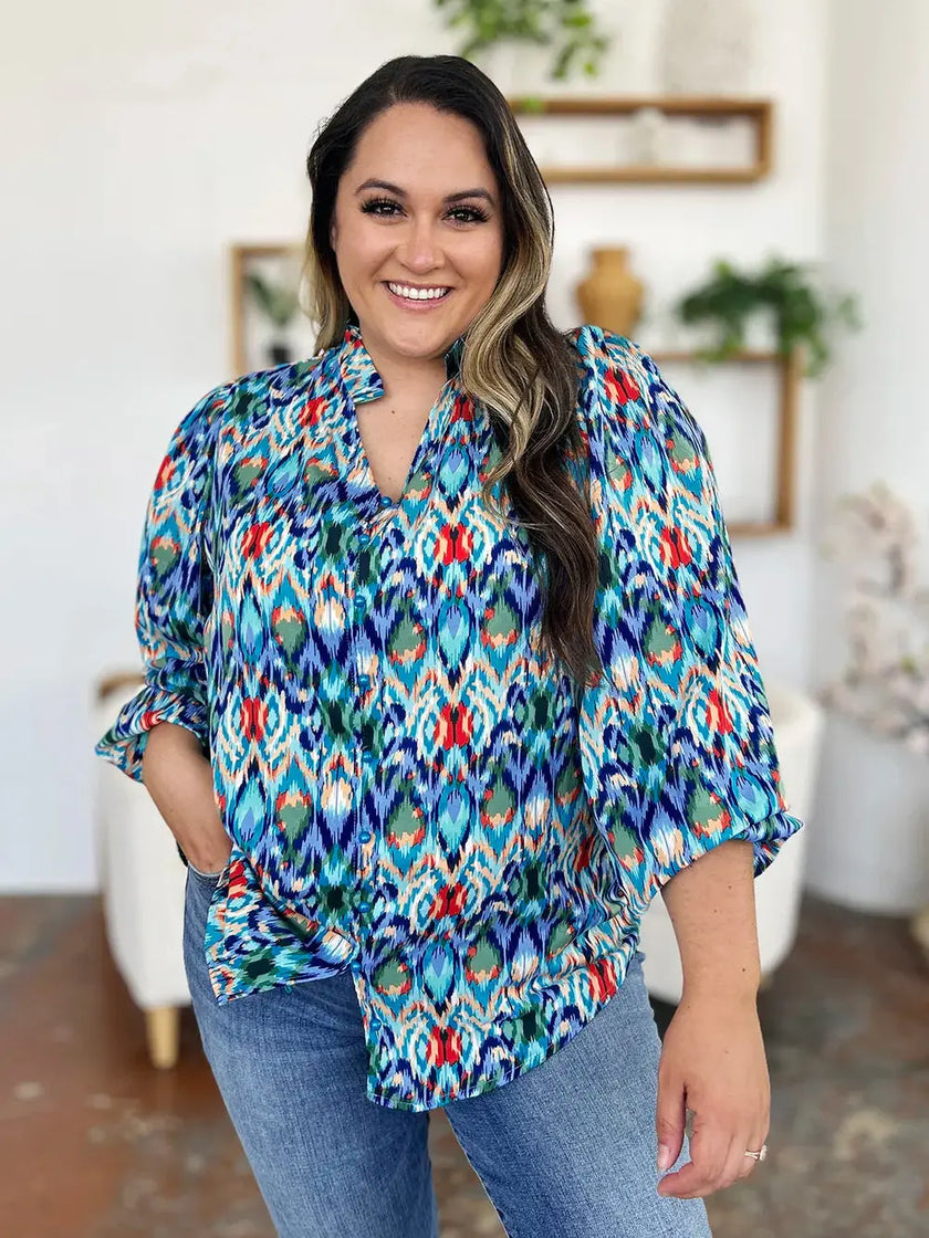 Double Take Full Size Printed Balloon Sleeve Blouse  Style Ratio
