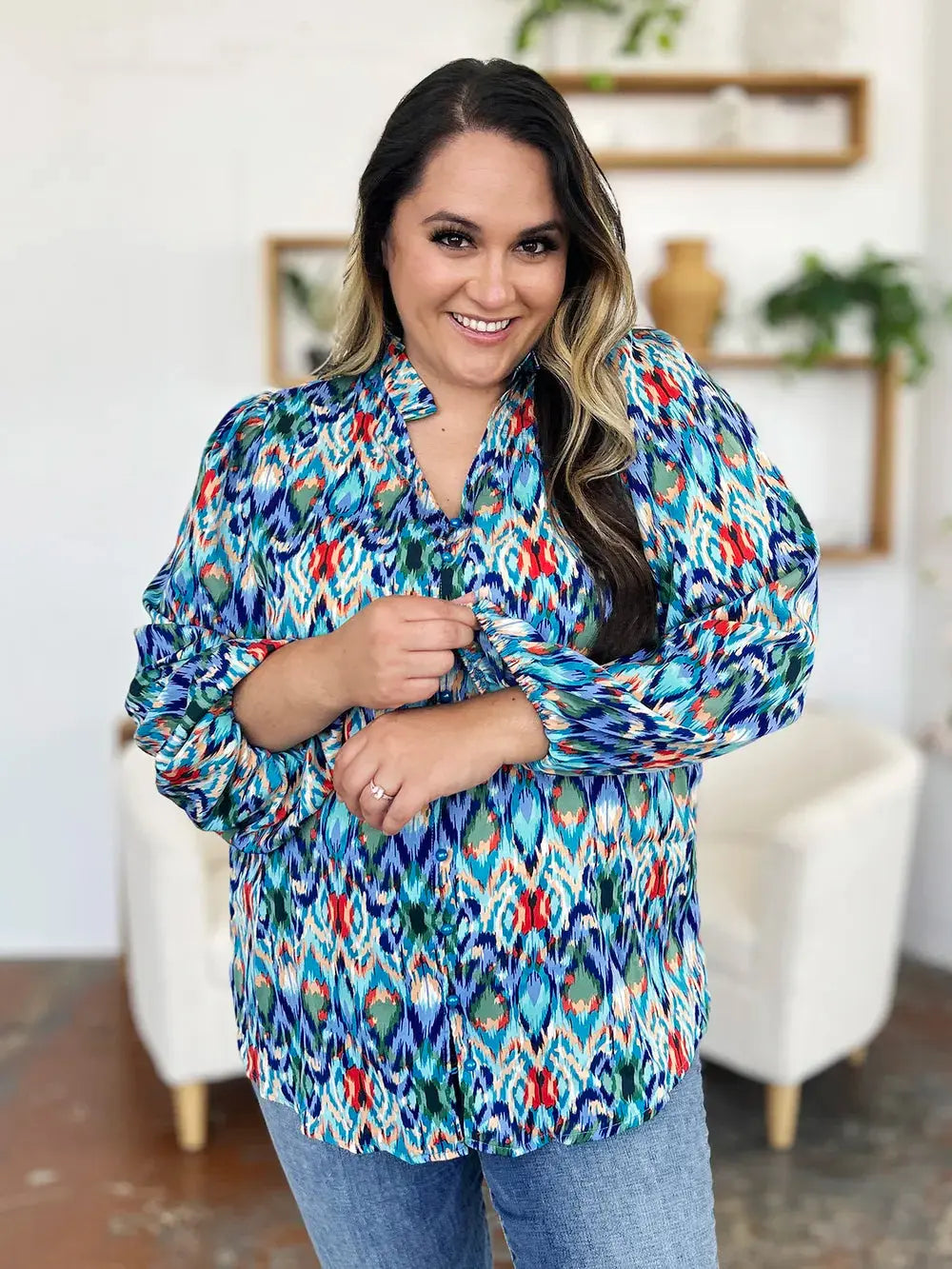 Double Take Full Size Printed Balloon Sleeve Blouse  Style Ratio
