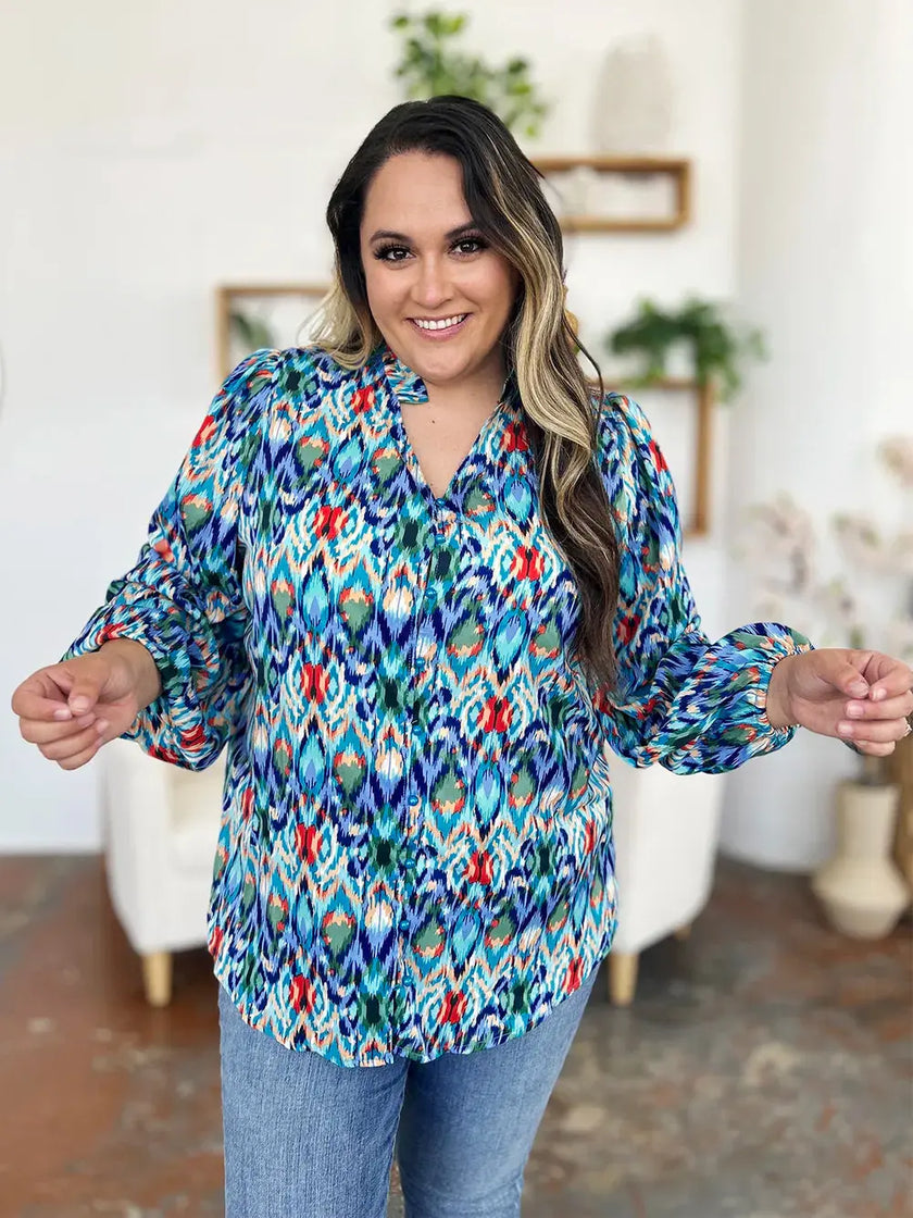 Double Take Full Size Printed Balloon Sleeve Blouse  Style Ratio