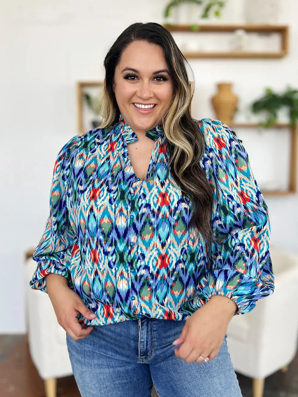 Double Take Full Size Printed Balloon Sleeve Blouse  Style Ratio