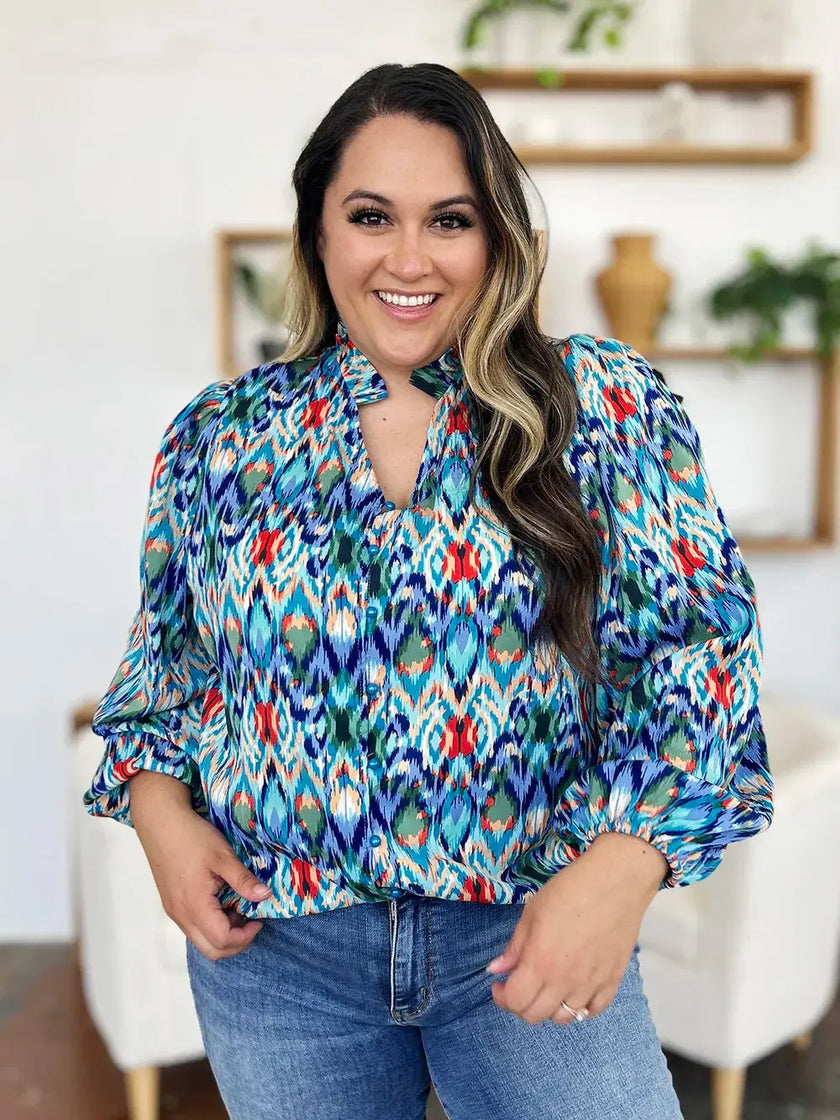 Double Take Full Size Printed Balloon Sleeve Blouse  Style Ratio