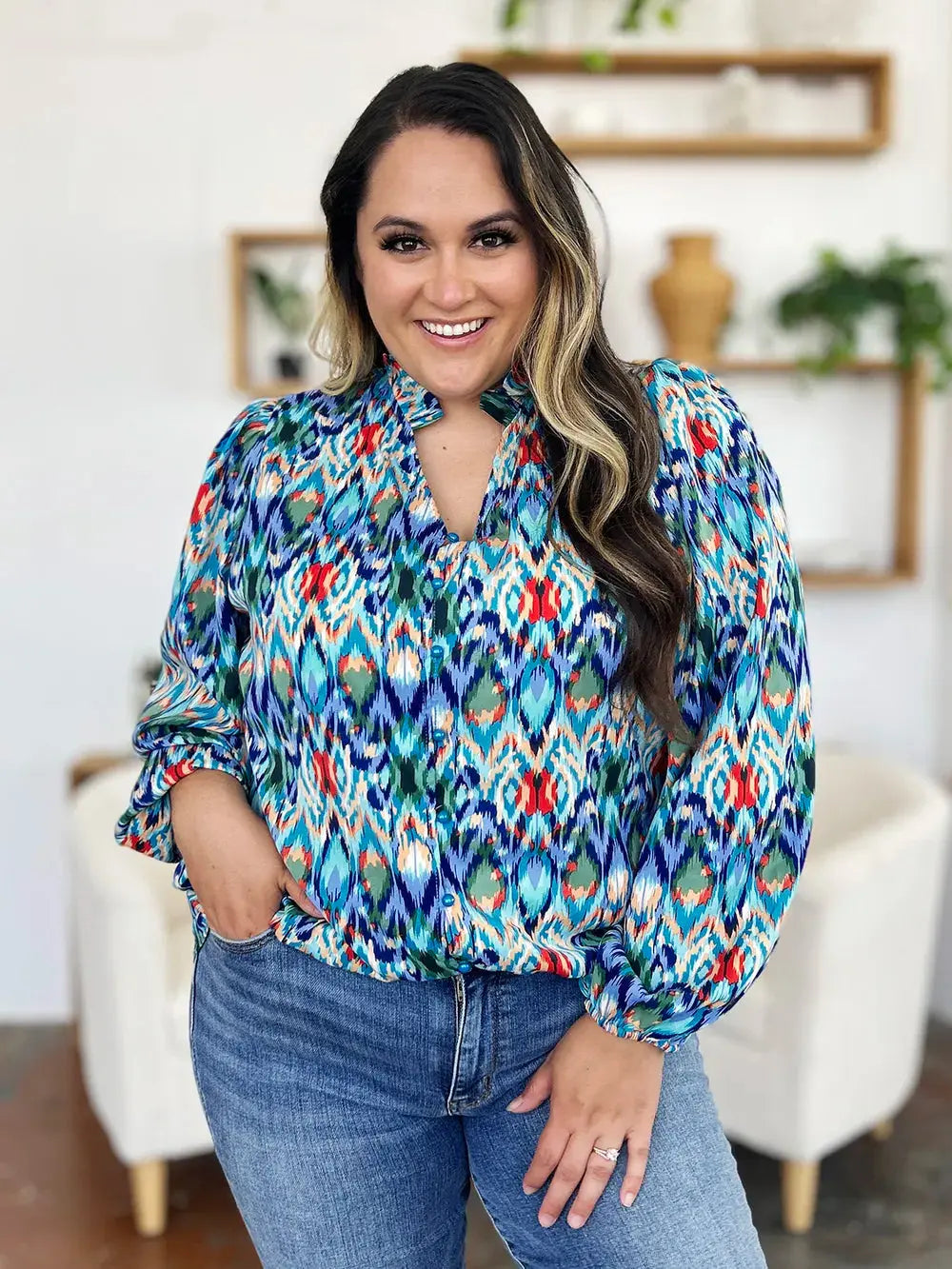 Double Take Full Size Printed Balloon Sleeve Blouse  Style Ratio
