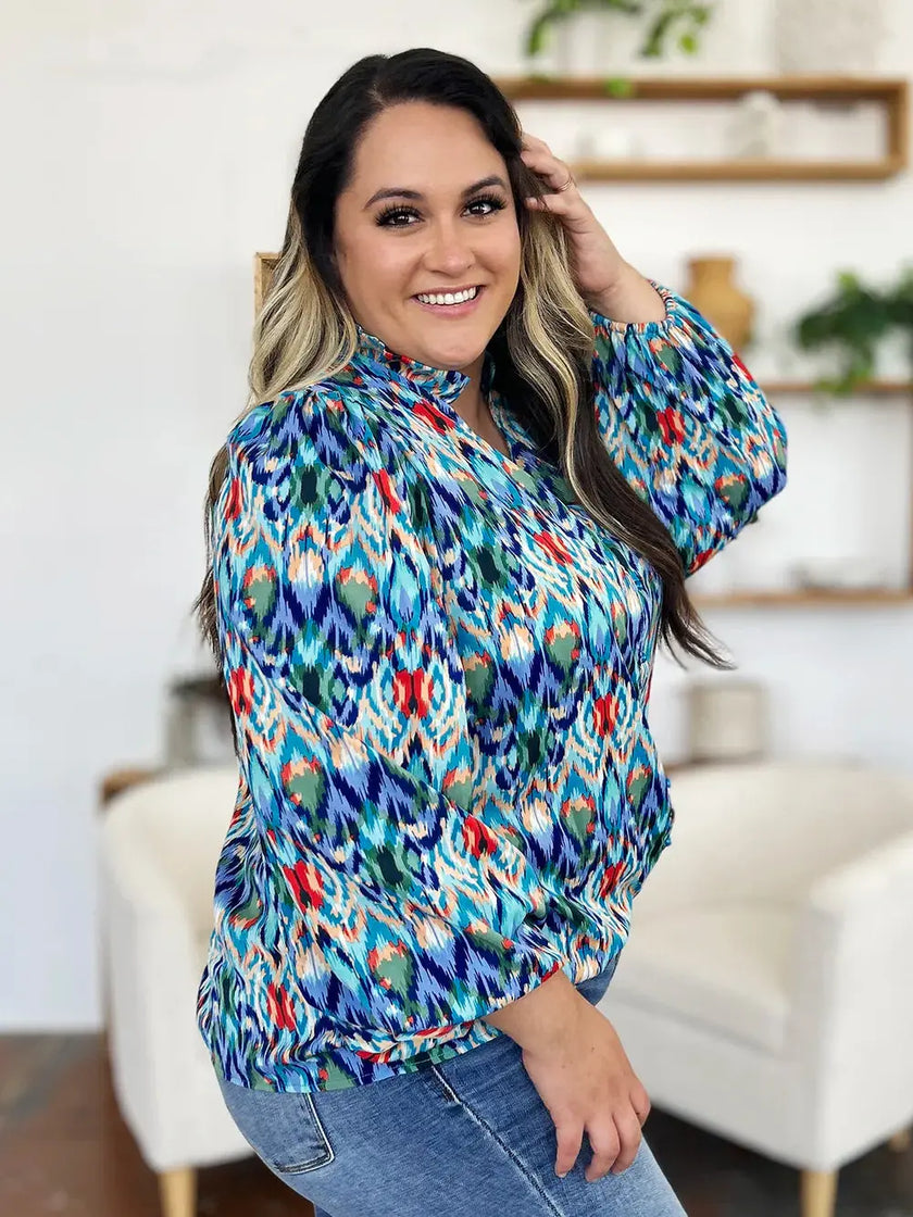 Double Take Full Size Printed Balloon Sleeve Blouse  Style Ratio