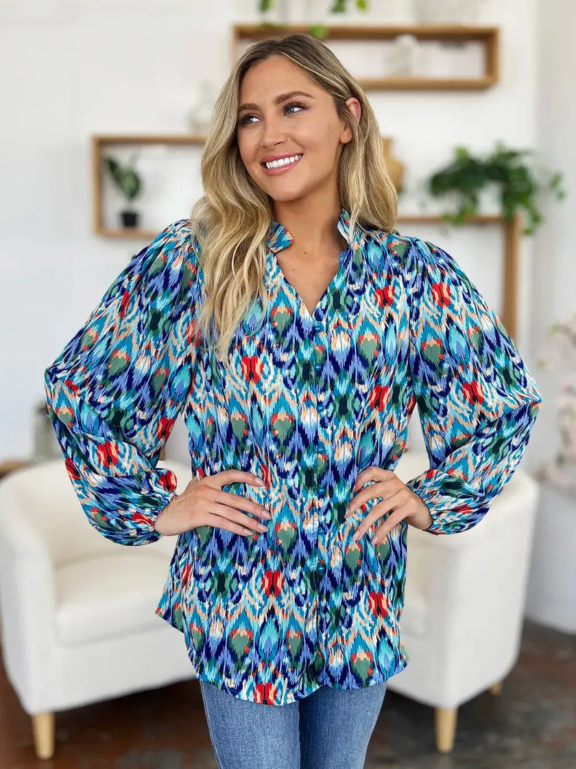 Double Take Full Size Printed Balloon Sleeve Blouse  Style Ratio