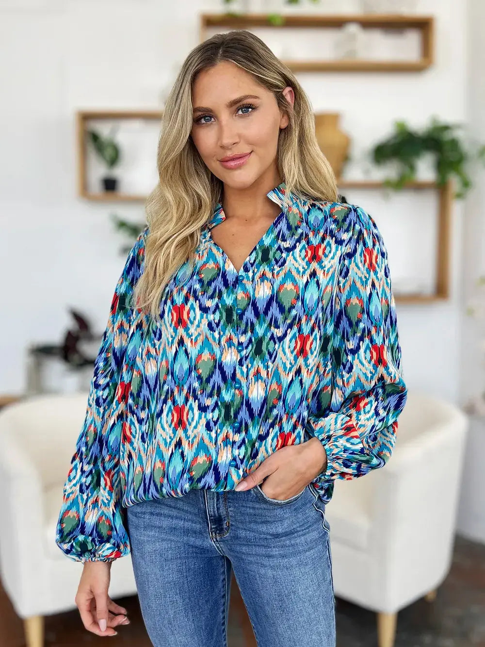 Double Take Full Size Printed Balloon Sleeve Blouse  Style Ratio