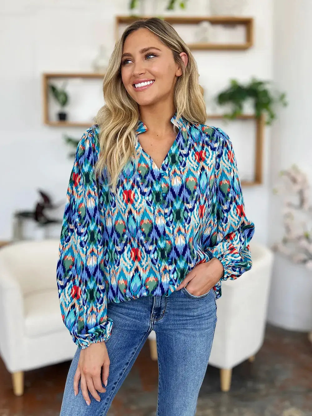 Double Take Full Size Printed Balloon Sleeve Blouse  Style Ratio