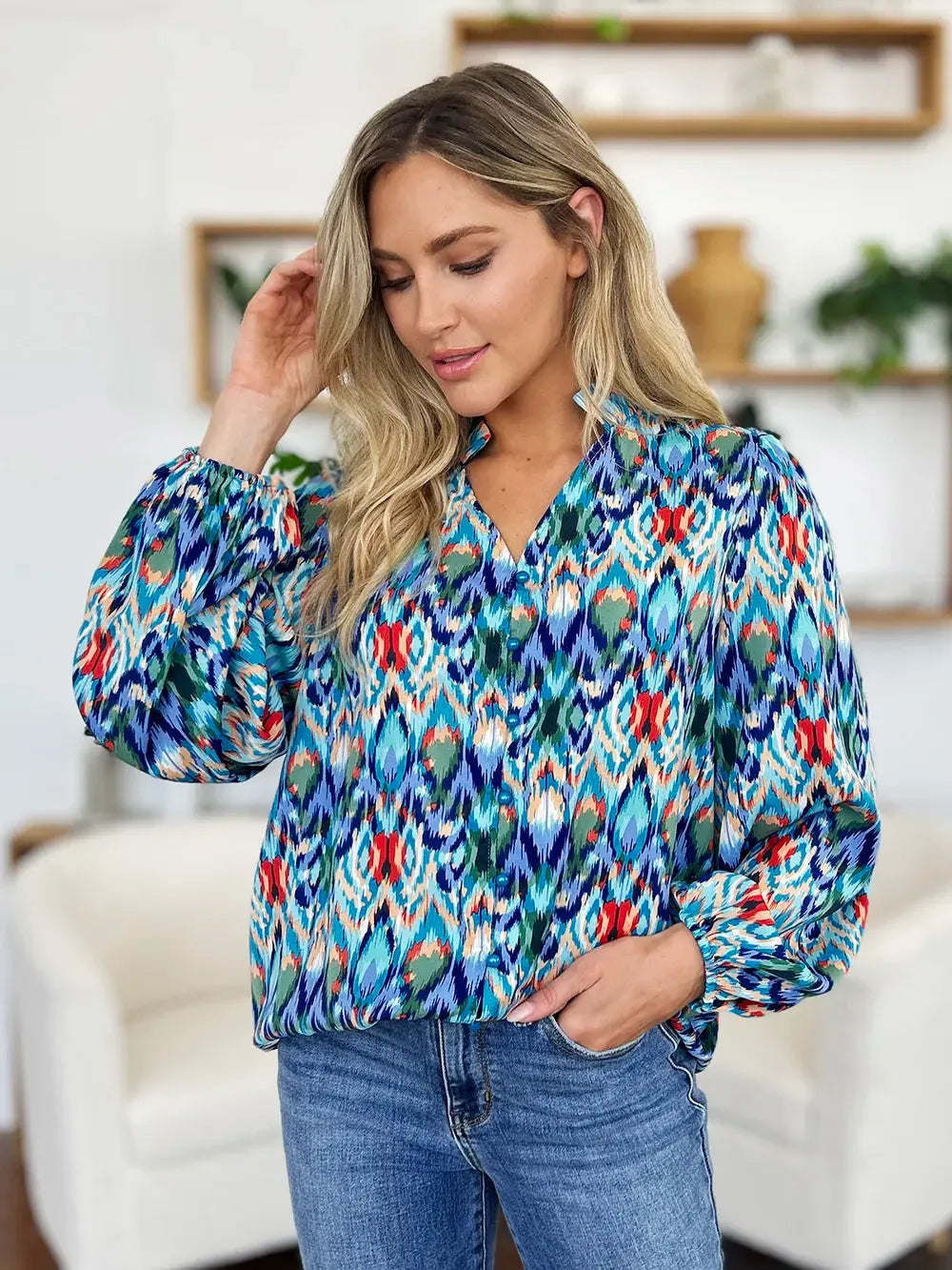 Double Take Full Size Printed Balloon Sleeve Blouse  Style Ratio