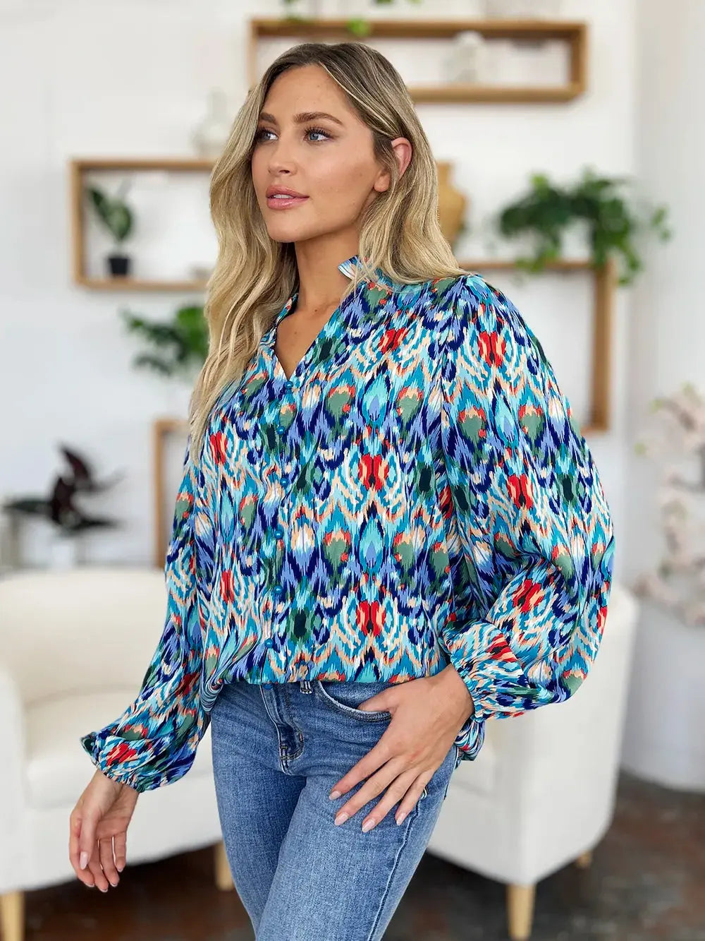 Double Take Full Size Printed Balloon Sleeve Blouse  Style Ratio