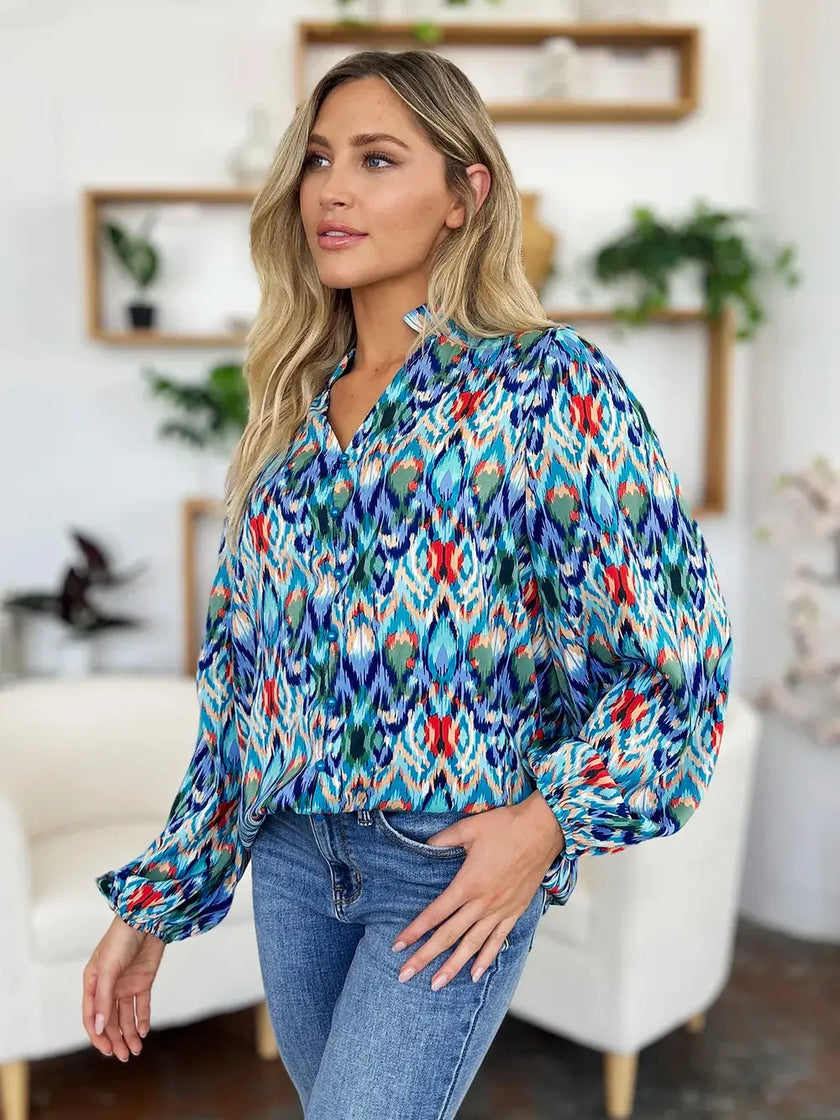 Double Take Full Size Printed Balloon Sleeve Blouse  Style Ratio