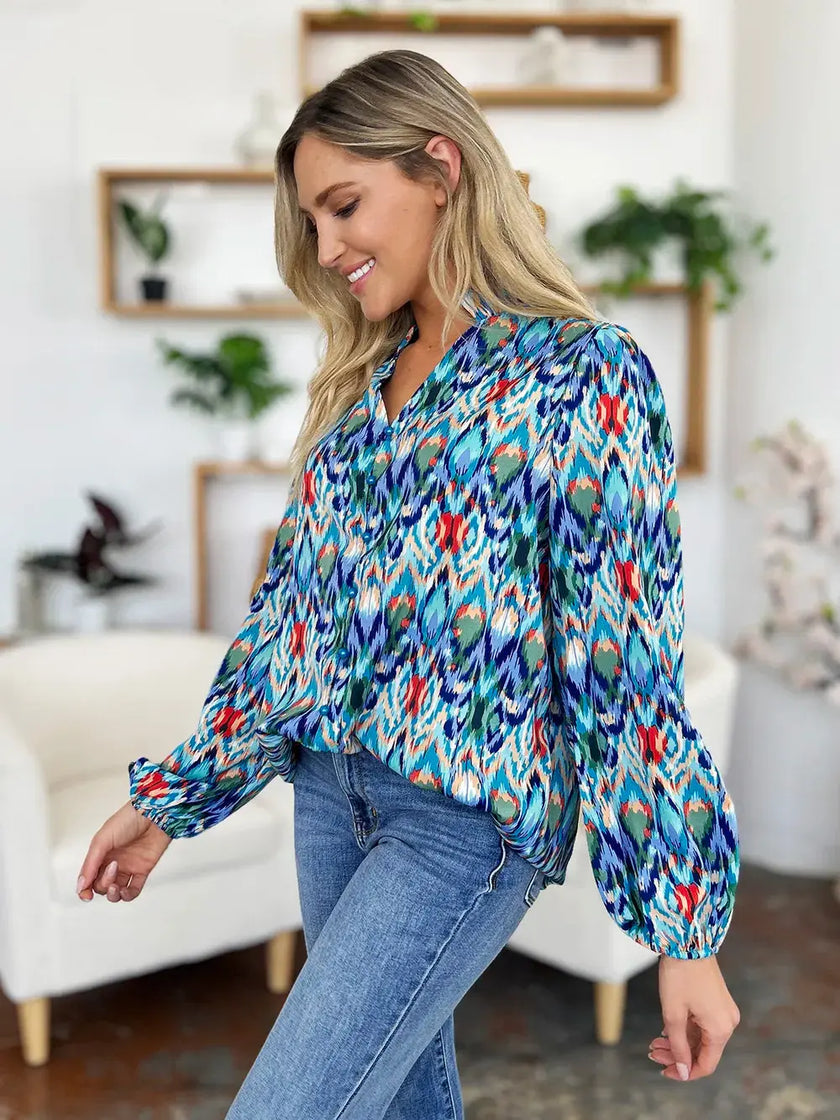 Double Take Full Size Printed Balloon Sleeve Blouse  Style Ratio