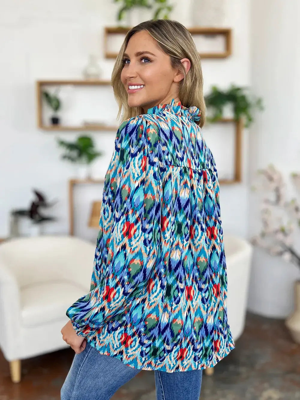 Double Take Full Size Printed Balloon Sleeve Blouse  Style Ratio
