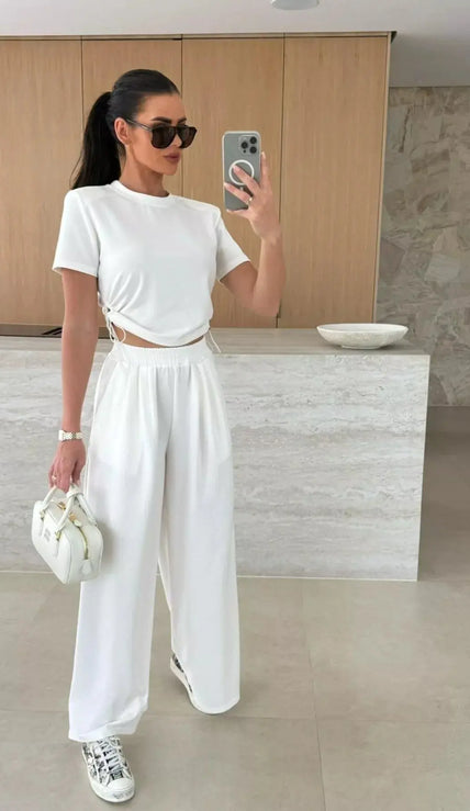 Drawstring Crop Top and Wide-Leg Pants Set  Style Ratio