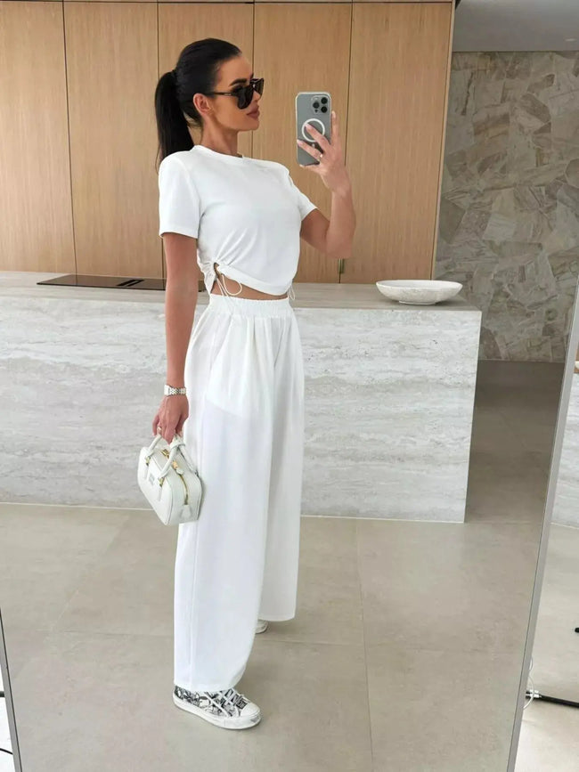 Drawstring Crop Top and Wide-Leg Pants Set  Style Ratio