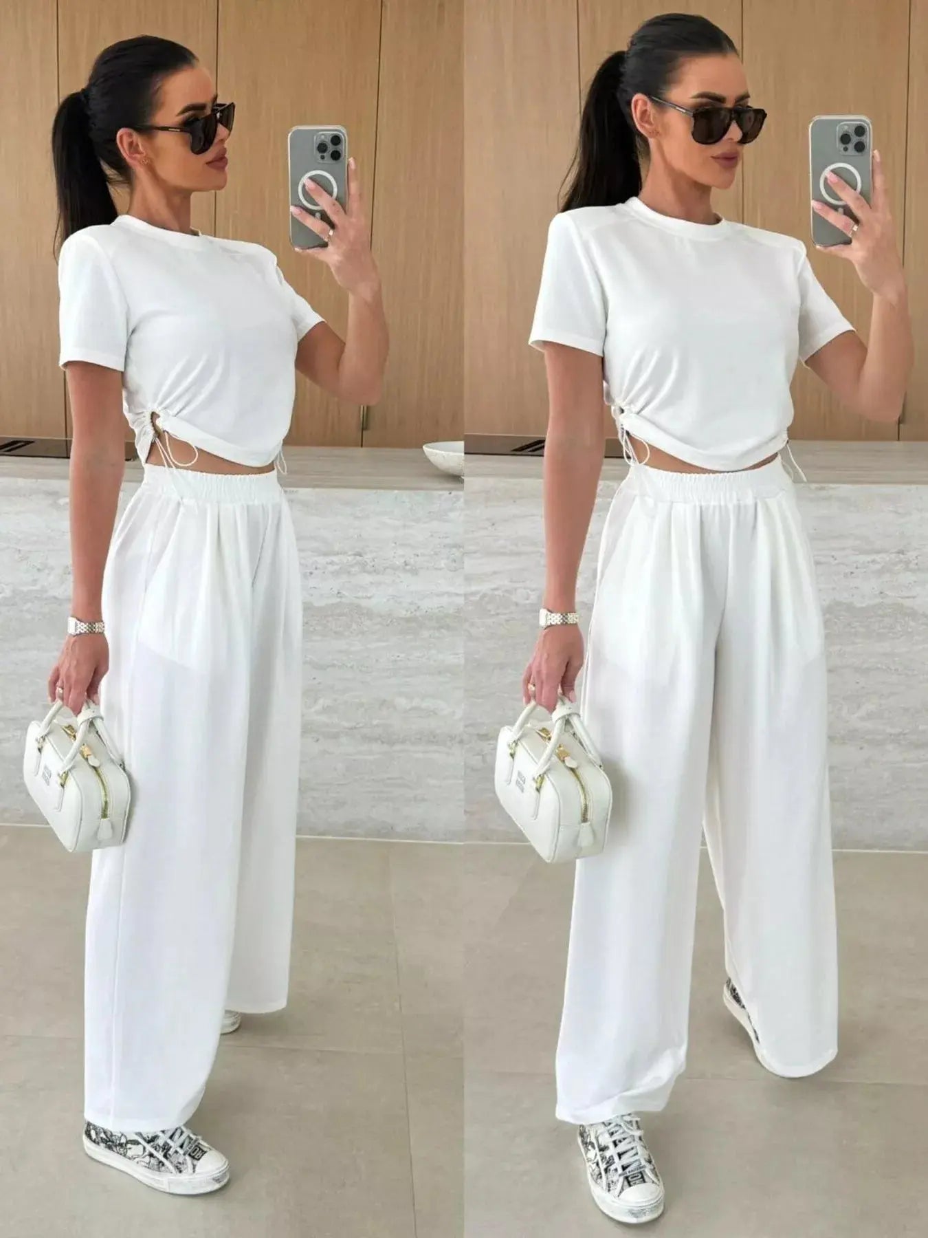 Drawstring Crop Top and Wide-Leg Pants Set  Style Ratio