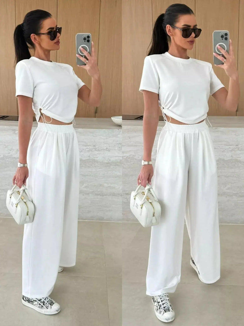 Drawstring Crop Top and Wide-Leg Pants Set  Style Ratio