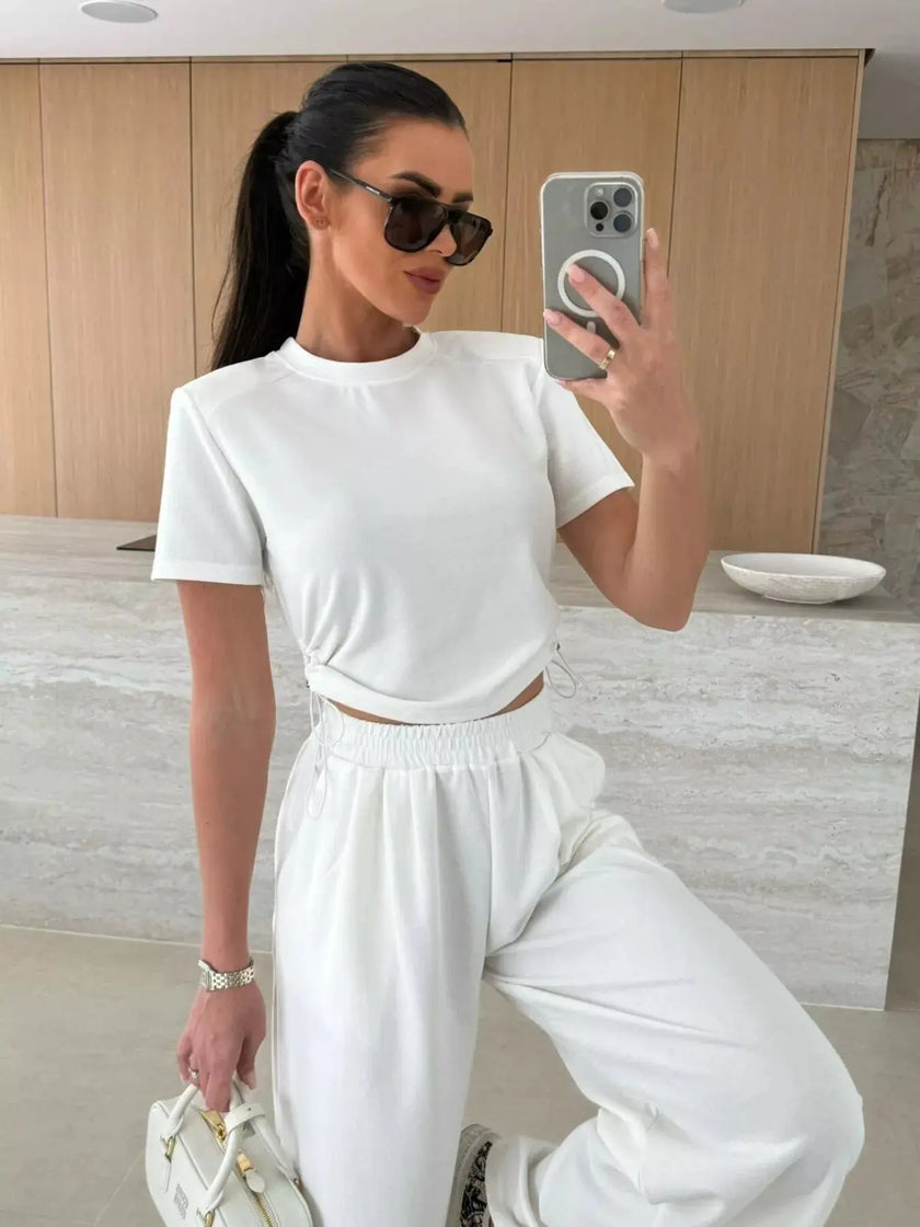 Drawstring Crop Top and Wide-Leg Pants Set  Style Ratio