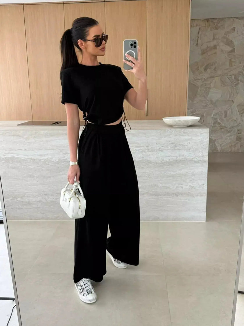 Drawstring Crop Top and Wide-Leg Pants Set  Style Ratio